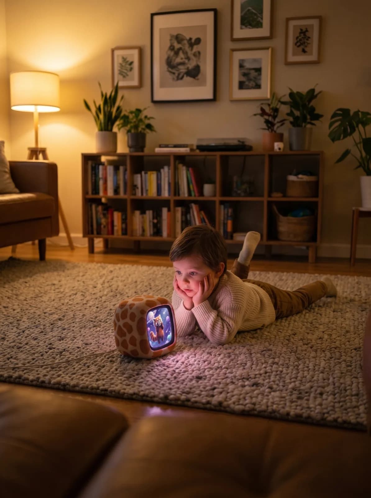 Child lying belly-down on a rug, gazing at a giraffe-pattern Sparky cube glowing with Ember the red panda among planets