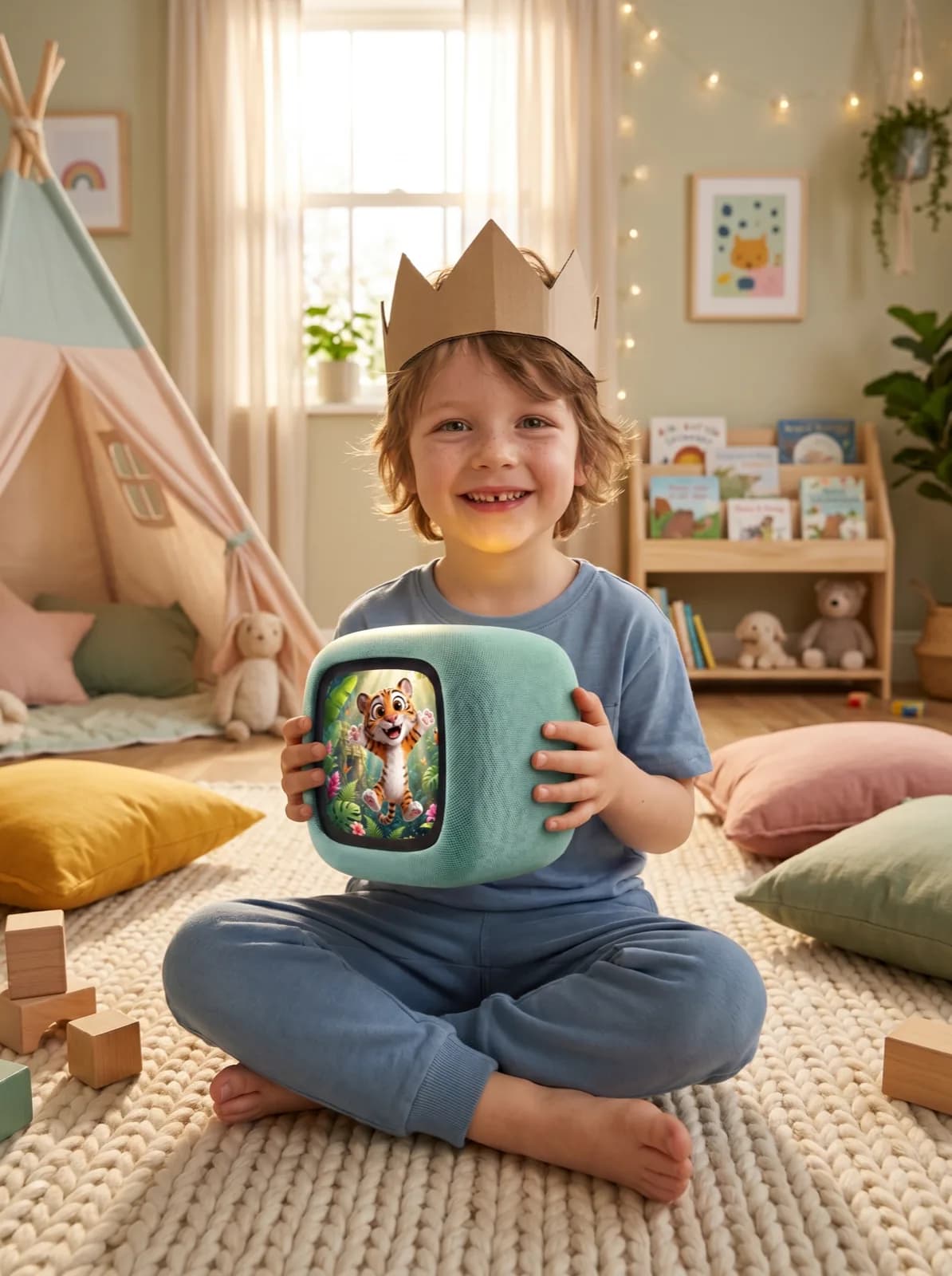 Child in a cardboard crown in a cozy playroom with a teepee, holding the mint Sparky cube with a jungle scene of Moss